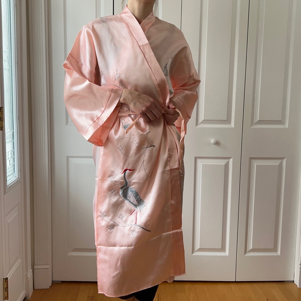 Vintage Light Salmon Pink Robe with Embroidered Crane & Chinese Characters